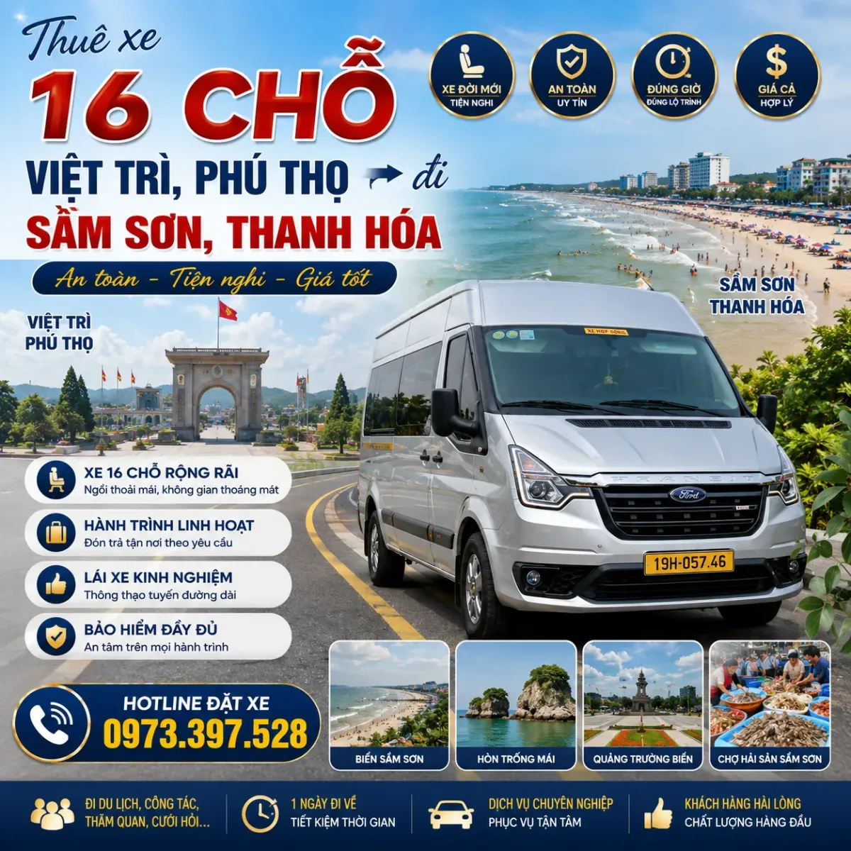 Thuê xe 16 chỗ Việt Trì Phú Thọ đi Sầm Sơn Thanh Hóa