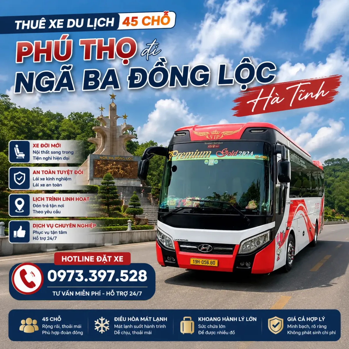 Thuê xe du lịch 45 chỗ Phú Thọ đi ngã ba Đồng Lộc Hà Tĩnh